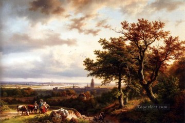 Barend Cornelis Koekkoek Painting - Un paisaje panorámico renano con campesinos conversando en una pista Barend Cornelis Koekkoek